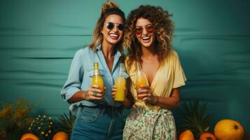 Portrait of two smiling young women in sunglasses drinking orange juice in bottles and looking at camera. photo