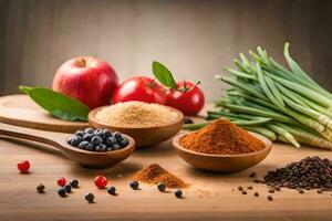 spices and herbs in wooden bowls on a table. AI-Generated photo