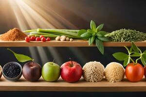 a wooden shelf with different types of food. AI-Generated photo