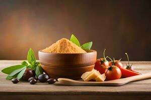 a bowl of spices and vegetables on a wooden table. AI-Generated photo