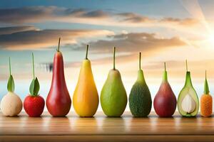 Fruta y vegetal en línea con puesta de sol antecedentes. generado por ai foto