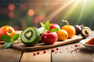 Fresco frutas y vegetales en un de madera mesa. generado por ai foto