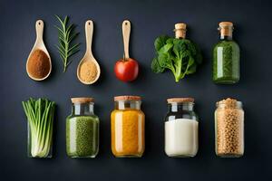 various types of vegetables and spices in glass jars. AI-Generated photo