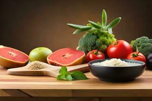 varios frutas y vegetales son en un mesa. generado por ai foto