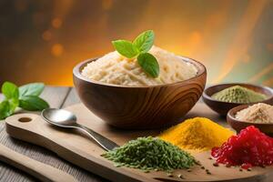 various spices and spices in a bowl on a wooden table. AI-Generated photo