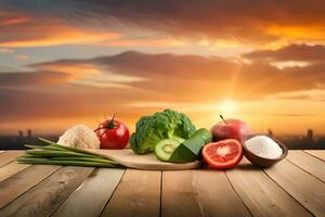 fresh vegetables on wooden table with sunset in background. AI-Generated photo