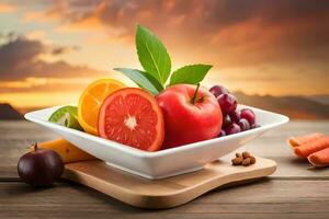 fresh fruits and vegetables in a bowl on a wooden table. AI-Generated photo