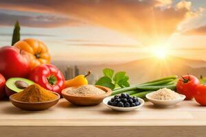 various fruits and vegetables are arranged on a table with the sun setting in the background. AI-Generated photo