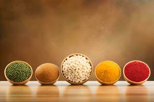 various types of spices in wooden bowls. AI-Generated photo