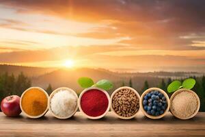 different types of spices and herbs in bowls on a table. AI-Generated photo