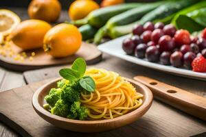 espaguetis con brócoli, Tomates, y otro vegetales. generado por ai foto