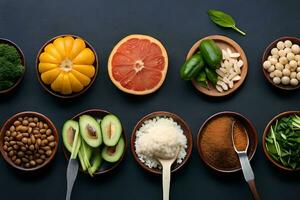 various types of food in bowls on a dark background. AI-Generated photo