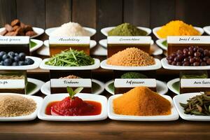 various types of spices and herbs in bowls. AI-Generated photo