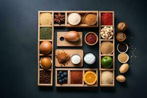 various spices and ingredients arranged in wooden boxes on a dark background. AI-Generated photo