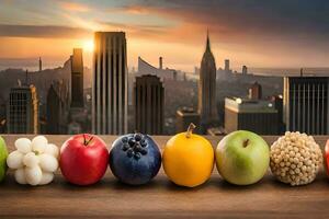 fruit and vegetables in front of a city skyline. AI-Generated photo