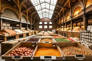 un grande Tienda con un montón de comida en él. generado por ai foto