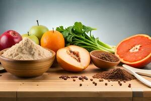 varios frutas y vegetales son en un mesa. generado por ai foto