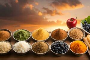 various types of spices and herbs in bowls. AI-Generated photo