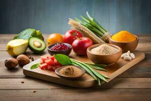 various fruits and vegetables on a cutting board. AI-Generated photo