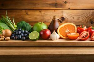 a wooden cutting board with various fruits and vegetables. AI-Generated photo