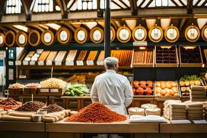 un hombre en pie en frente de un Tienda con un montón de alimento. generado por ai foto