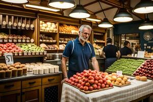 un hombre en pie en frente de un Fruta y vegetal pararse. generado por ai foto