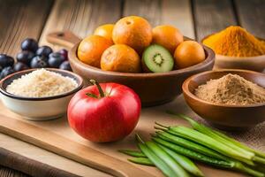 various fruits and vegetables on a wooden table. AI-Generated photo