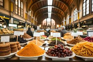 a variety of food is displayed in bowls on a table. AI-Generated photo