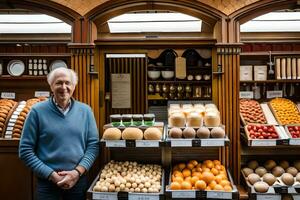 an older man standing in front of a display of fruit and vegetables. AI-Generated photo