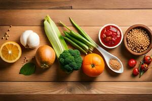 various vegetables and fruits on a wooden table. AI-Generated photo