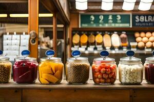 un fila de frascos lleno con diferente tipos de alimento. generado por ai foto