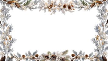 Border with fir branches and decoration ornaments elements on transparent background. Realistic 3d design. New Year background, AI generated png