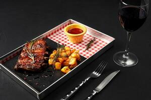 Delicious barbecued ribs seasoned with a sauce, potatoes and served with herbs on a metal tray, on black background photo