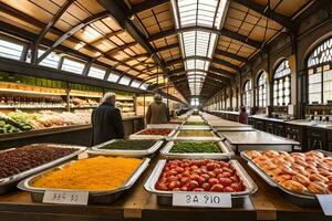 un grande mercado con un montón de comida en mostrar. generado por ai foto