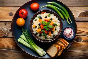 rice with vegetables and bread on a wooden table. AI-Generated photo