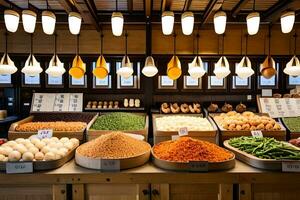 a display of food in a store with many different types of food. AI-Generated photo