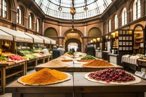 un grande mercado con un montón de diferente tipos de alimento. generado por ai foto