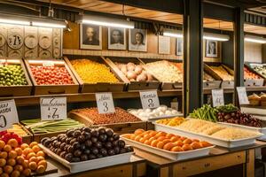 un Fruta y vegetal mercado con muchos diferente tipos de frutas y vegetales. generado por ai foto