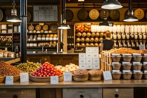 un Tienda con muchos diferente tipos de alimento. generado por ai foto