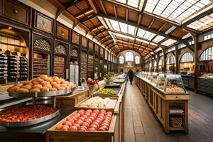 un largo, angosto, de madera edificio con un montón de Fruta y vegetales. generado por ai foto