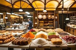 un panadería con un montón de un pan y otro alimento. generado por ai foto