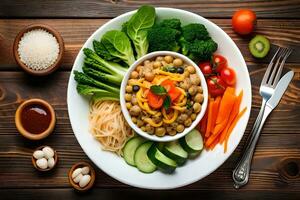 a plate with vegetables, rice and beans on a wooden table. AI-Generated photo