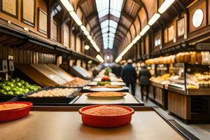 a long line of bowls and plates in a grocery store. AI-Generated photo