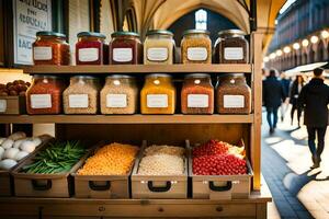 a display of food in a market with people walking by. AI-Generated photo