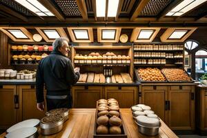 un hombre en pie en frente de un panadería con un montón de un pan. generado por ai foto