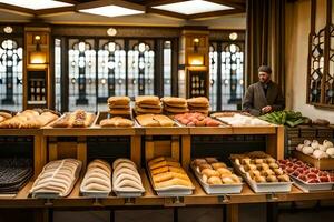 a man standing in front of a bakery with lots of breads. AI-Generated photo