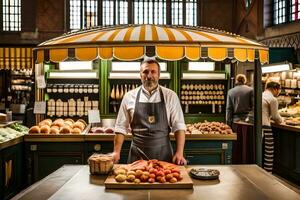 a man standing in front of a counter with food. AI-Generated photo