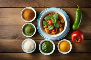 un cuenco de comida con especias y vegetales en un de madera mesa. generado por ai foto