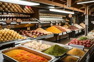 a large variety of food is displayed in a store. AI-Generated photo