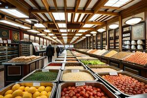 un grande tienda de comestibles Tienda con muchos diferente tipos de alimento. generado por ai foto